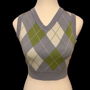 GARAGE V-NECK SLEEVELESS ARGYLE PLAID CROPPED  TANK TOP SWEATER VEST/ Size M